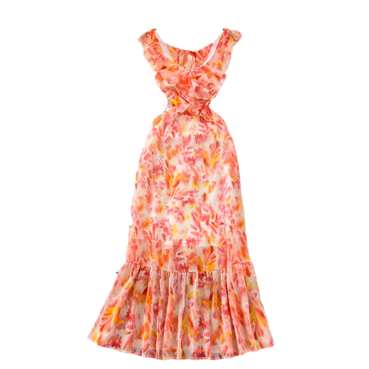 V-neck ruffled a-line printed mermaid dress elegant long dress YM844