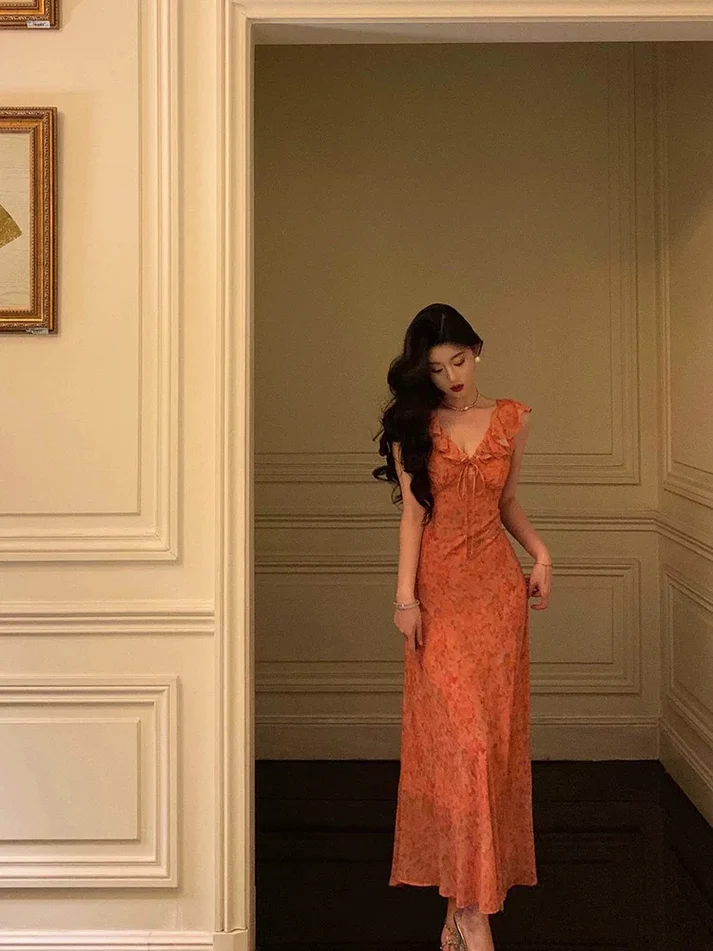 Classy A Line Orange Chiffon Long Prom Dress Birthday Outfits YM1609