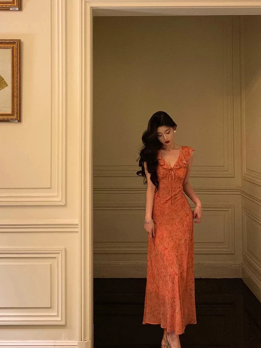 Classy A Line Orange Chiffon Long Prom Dress Birthday Outfits YM1609