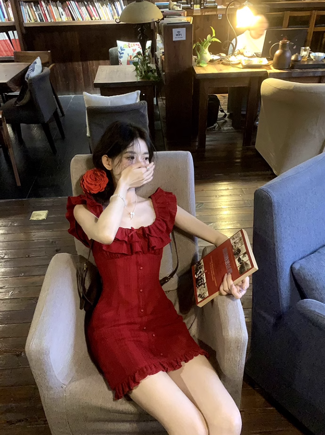 Red Short Dress Slimming And Elegant Suspender Dress YM1755