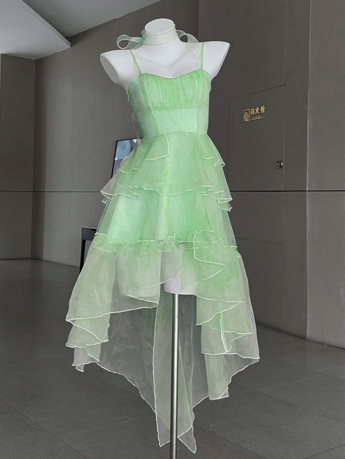 Fresh Green Chiffon Flowy Spaghetti Straps A-Line Short Prom Dress Party Dress YM2520