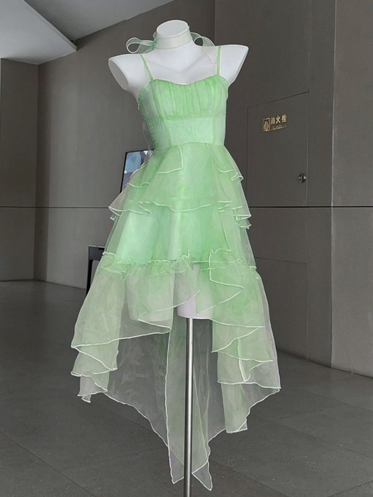 Fresh Green Chiffon Flowy Spaghetti Straps A-Line Short Prom Dress Party Dress YM2520