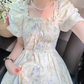 Puff Sleeve Bow Tie Chiffon Floral Long Dress   YM1565