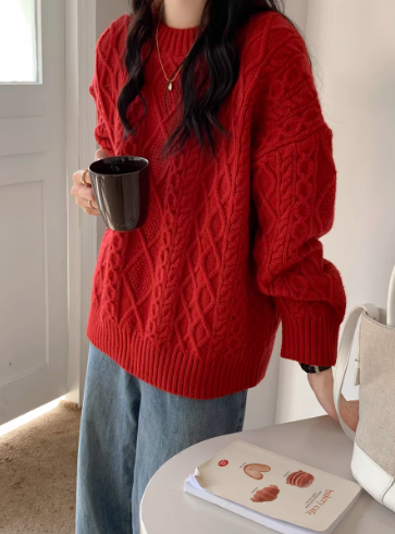 New Year Red Sweater Retro Cable Knit Crew Neck Pullover Knit Sweater YM2423