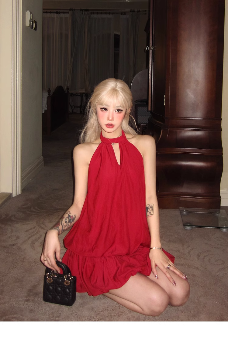 Red Halter Sexy Backless Prom Dress Birthday Party Outfits YM1975
