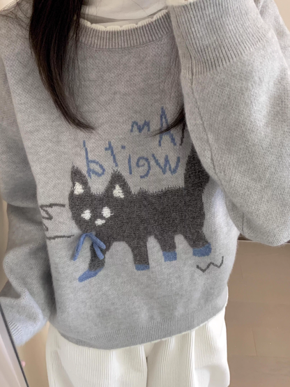 Cute Kitten Jacquard Pullover Knit Sweater, Grey Autumn/Winter Sweater YM2405