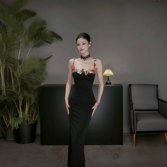 Black Suspender Holiday Dress Sexy Embroidered Sheath Long Birthday Dress YM2266