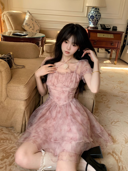 Sweet Pink Princess Organza Splicing Tie Waist Printed Puffy Prom Dress Birthday Party Dress YM2046