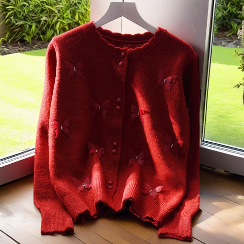 Pink Butterfly Sweater Jacket Sweet Long Sleeve Knitted Cardigan YM2376