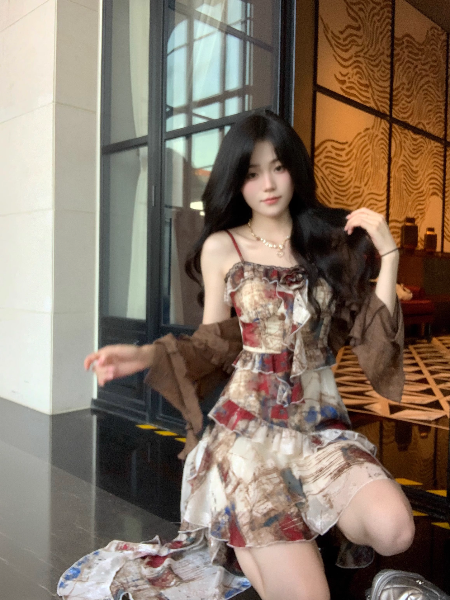 Retro Jacquard Oil Painting Trailing Dress Suspender Chiffon Party Dress Prom Dress YM2050