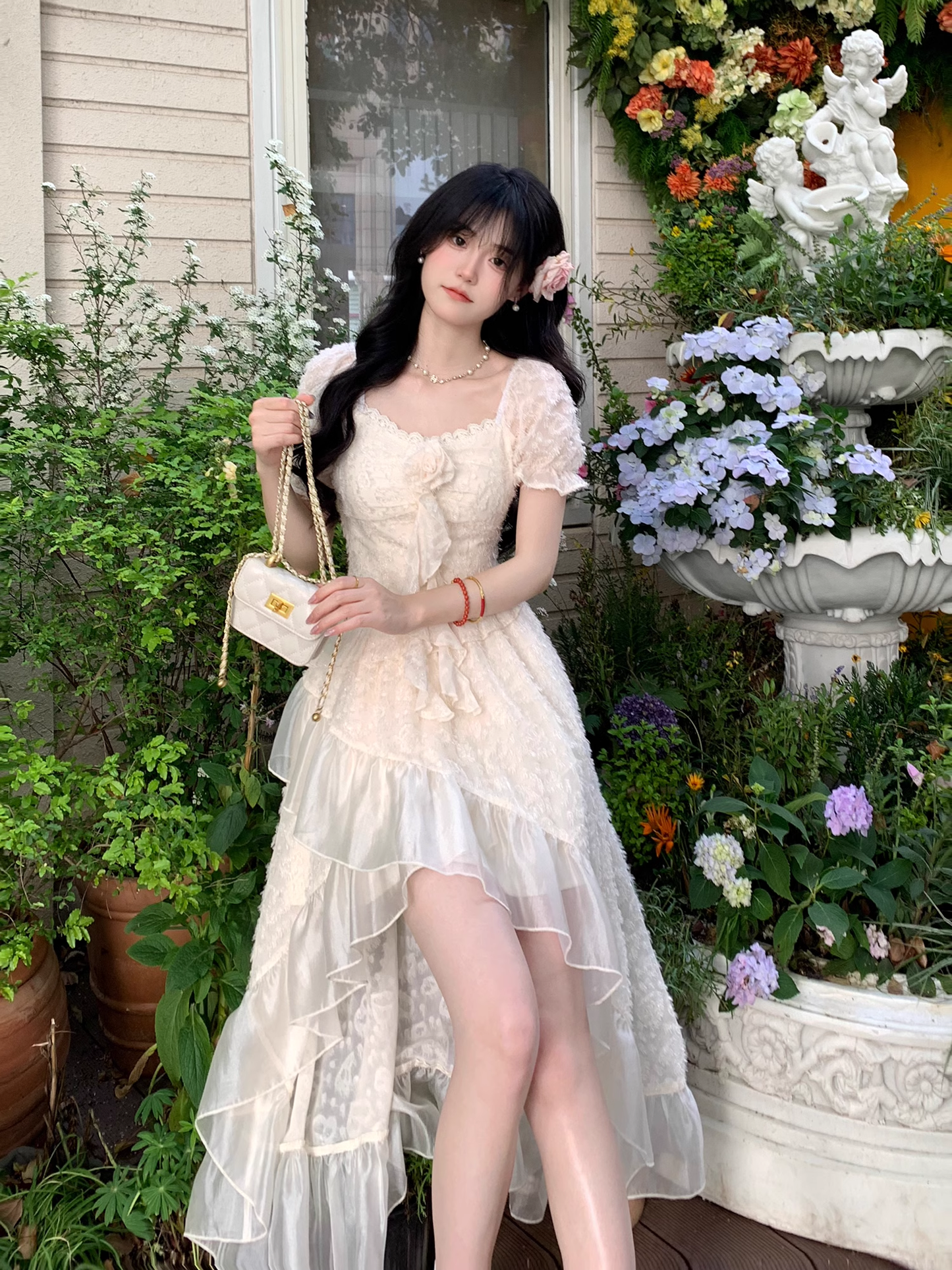 Classy Apricot Tulle Flower Ruffles Long Prom Dress Party Dress YM2051