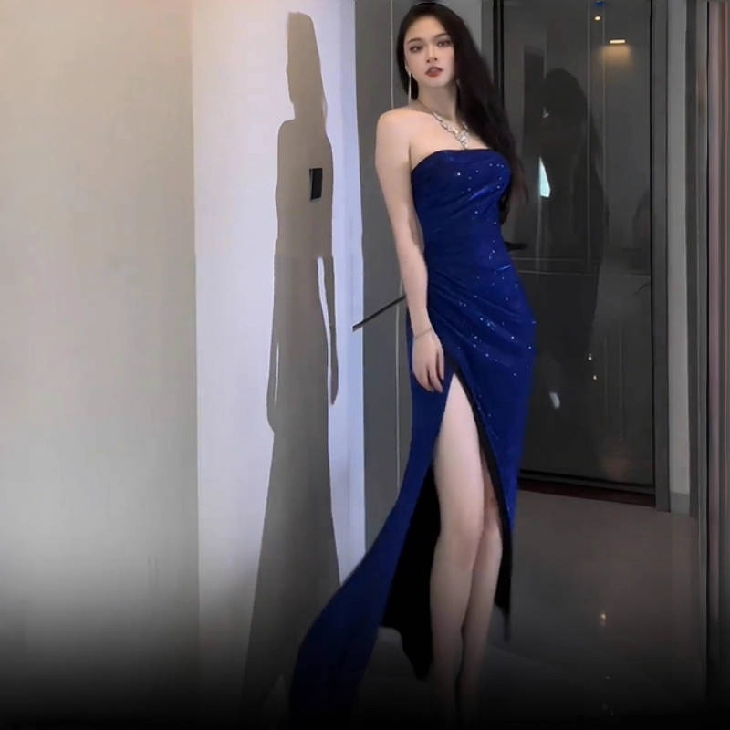Sparkly Blue Strapless High Slit Long Party Dress Birthday Dress YM2207