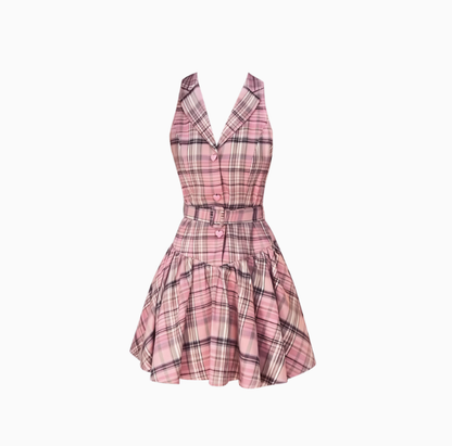 Sweet Sleeveless Plaid A-Line Short Dress Pink Vacation Dress YM2167