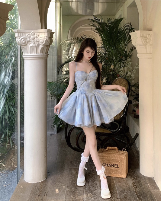 Classy Blue Straps Sweetheart Neck Short Birthday Dress Vacation Dress YM2179