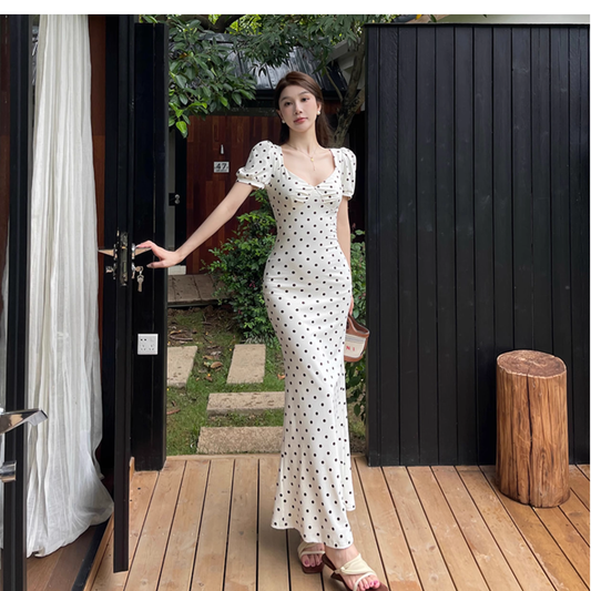 Cute V Neck Polka Dot Mermaid Long Holiday Dress Vacation Dress YM2254