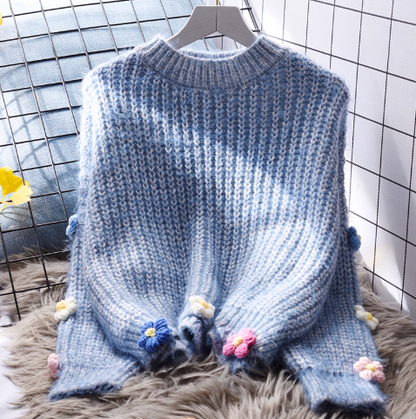 Retro Green Short Pullover Sweater Stylish Round Neck Long Sleeve Knitted Sweater YM2371