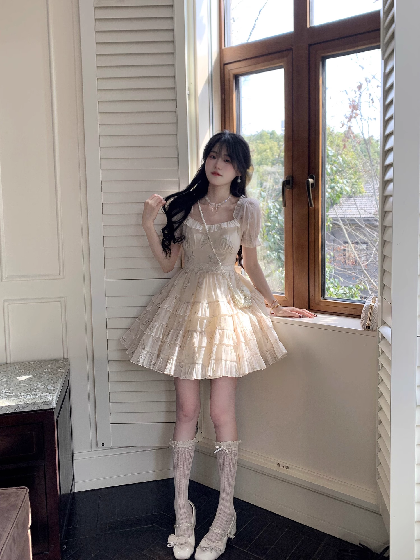 Sweet And Gentle Bow Print Gold-Stamped Cake Tutu Dress Birthday Party Dress YM2048
