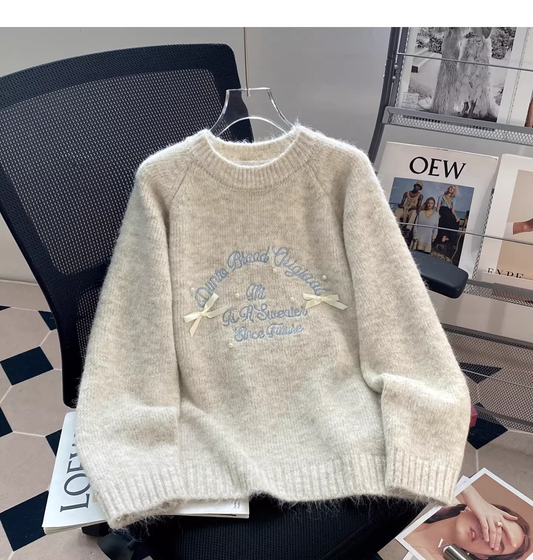 Cute Apricot Embroidered Bow Pullover Sweater YM2426