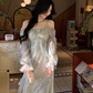 Blue Fairy-Like Ruffle Long-Sleeve Prom Dress Off The Shoulder Party Dress YM2042