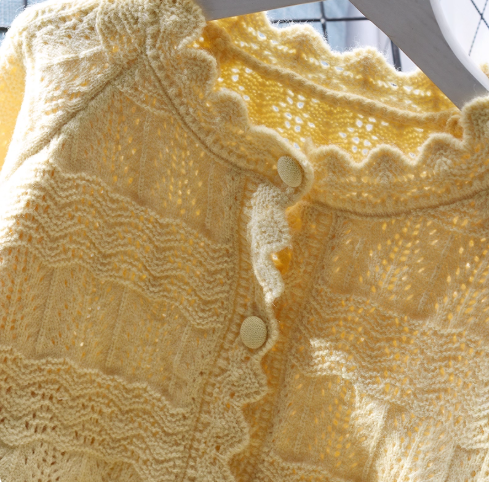 Yellow Hollow Short Sweater Jacket Spring New Japanese Sweet Knitted Cardigan YM2369