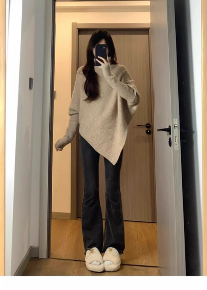 High-neck Irregular Sweater, Soft And Cozy Knit Sweater YM2399