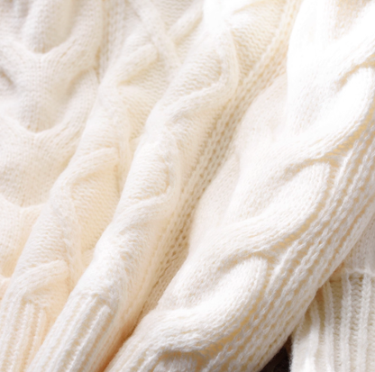 White Thick Cable Pullover Sweater Round Neck Long Sleeve Knitted Sweater YM2380