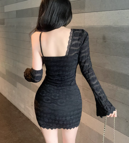 Sexy One Shoulder Black Lace Short Holiday Dress Women Dress YM2339