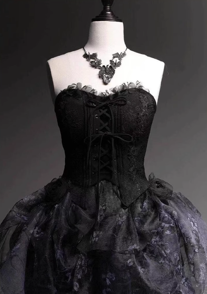 Vintage Black Strapless Tulle A Line Birthday Dress Long Lolita Party Dress YM2144
