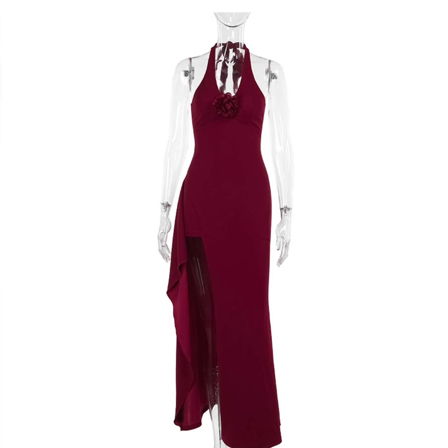 Sexy Red Halter High Slit Long Party Dress V Neck Vacation Dress YM2205