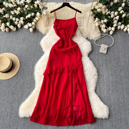 Red dress sexy slit ruffled patchwork holiday skirt YM1116
