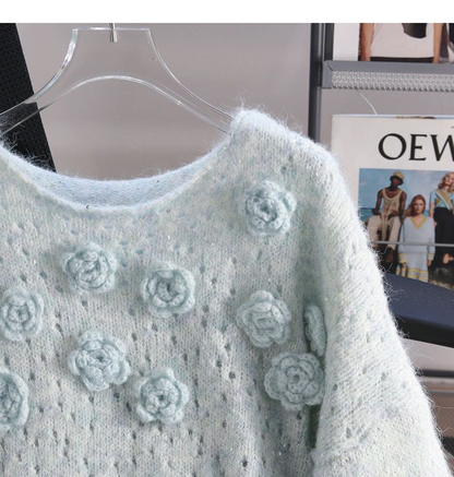 Light Green Sequined 3D Flower Knitted Sweater YM1933