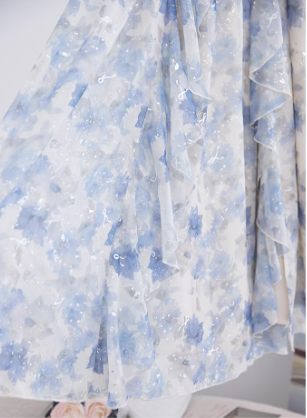 Blue High Waist Ruffled Sequin Print Floral Straps Birthday Party Dress YM2029