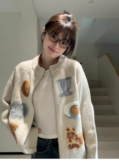 Beige Knitted Cardigan Zipper Jacquard Loose Sweater Jacket YM2396