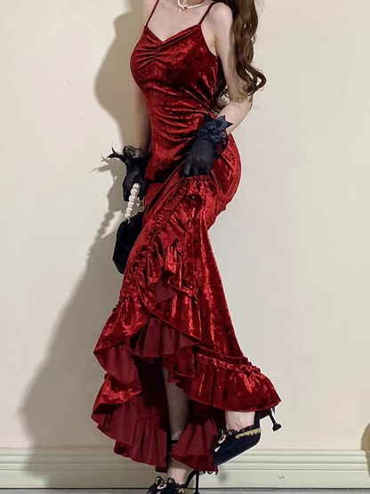 Vintage Mermaid Irregular Ruffled Burgundy Birthday Party Dress YM1603