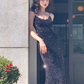 Sexy Red Velvet Sequins V-Neck Suspender Prom Dress Birthday Outfits YM1725