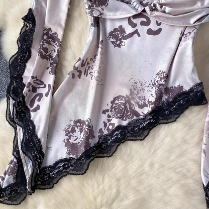 Off-shoulder T-shirt Women's Lace Splicing Irregular Printed Top YM1694