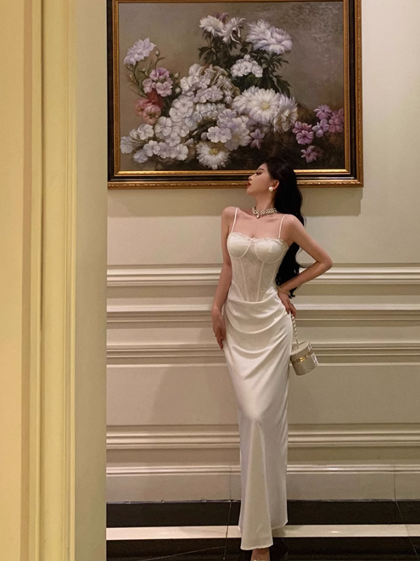 White Suspender Dress Sexy Waist Party Dress YM1668