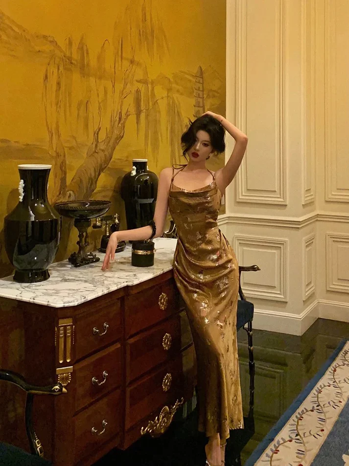 Gold Satin Date Night Dress Long Prom Dress Birthday Outfits YM1605