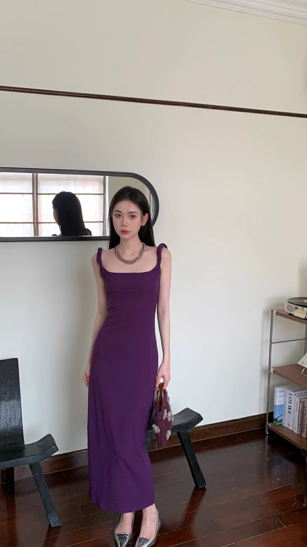 Simple Spaghetti Straps Purple Sheath Party Dress YM1773