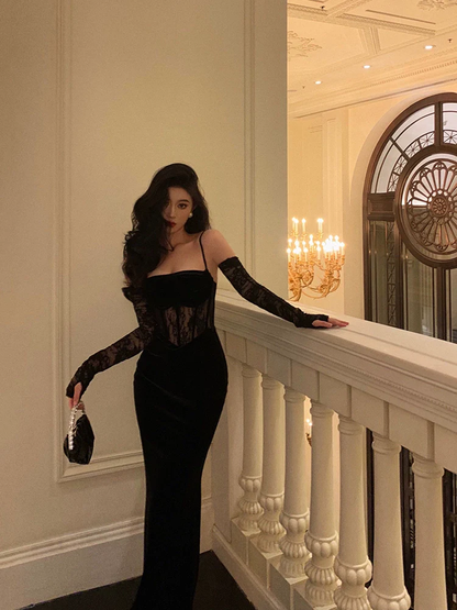 Sexy Lace Black Velvet Mermaid Prom Dress YM1589