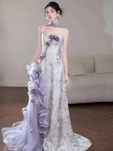 Charming Lavender Pleated 3D Floral Strapless A-Line Long Prom Dress Evening Dress Ball Gown YM2692