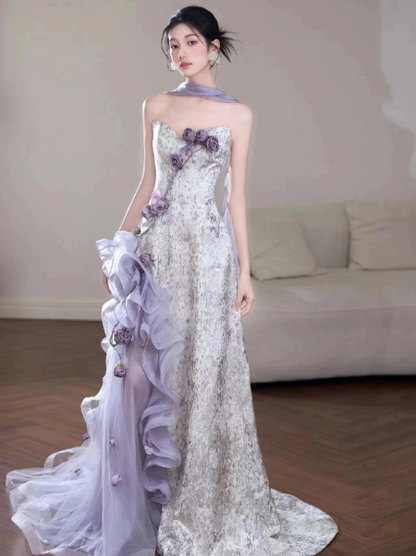 Charming Lavender Pleated 3D Floral Strapless A-Line Long Prom Dress Evening Dress Ball Gown YM2692