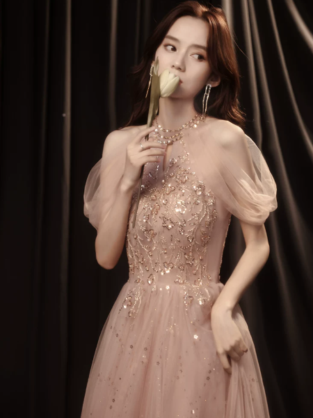 Sparkly Blush Pink Tulle Sequins High Collar A-Line Maxi Prom Dress Birthday Dress Ball Gown YM2702