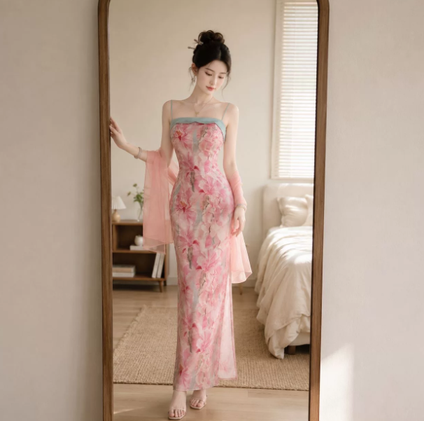 Stunning Pink Floral Chiffon Spaghetti Straps Sheath Maxi Women Dress Holiday Dress YM2737