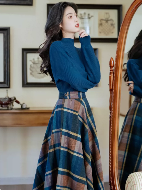 Retro Peacock Blue Patchwork Plaid High Collar A-Line Corset Maxi Women Dress Holiday Dress YM2747