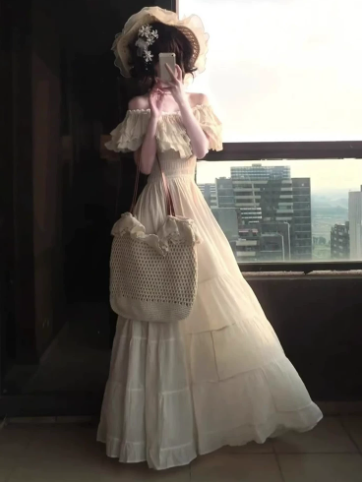 French Retro Ivory Tulle Flowy Bateau A-Line Maxi Women Dress Birthday Dress YM2722