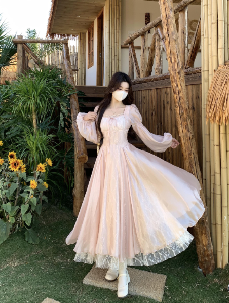 Girlish Blush Pink Puffy Tulle Square-neck A-Line Maxi Women Dress Holiday Dress YM2712