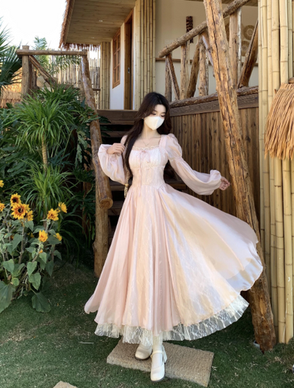 Girlish Blush Pink Puffy Tulle Square-neck A-Line Maxi Women Dress Holiday Dress YM2712