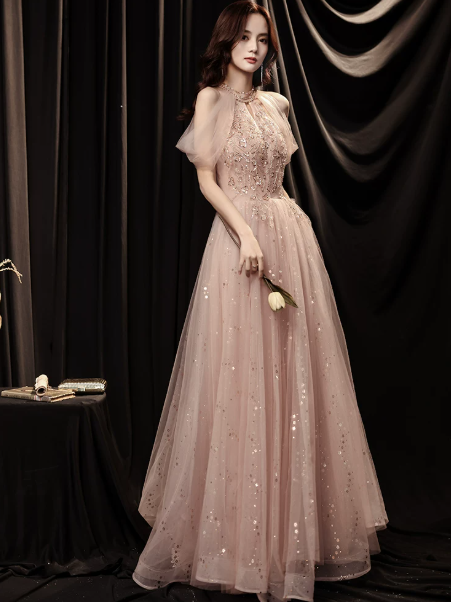 Sparkly Blush Pink Tulle Sequins High Collar A-Line Maxi Prom Dress Birthday Dress Ball Gown YM2702