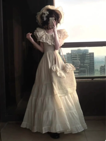 French Retro Ivory Tulle Flowy Bateau A-Line Maxi Women Dress Birthday Dress YM2722